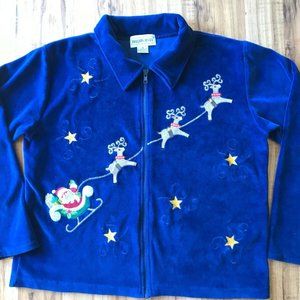 BellePointe Christmas Tacky Sweater Velour Jacket M SANTA REINDEER Embroidered